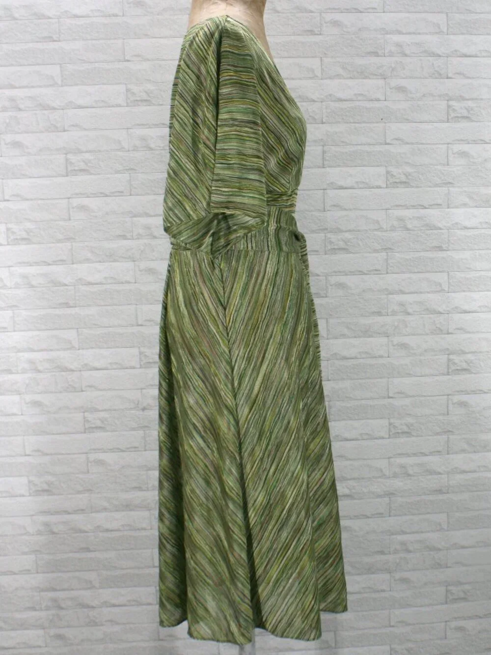 ADRIANNA PAPELL Dress Faux Wrap Stripe Midi Multi-color Green Tan Cream 12 - Picture 3 of 15